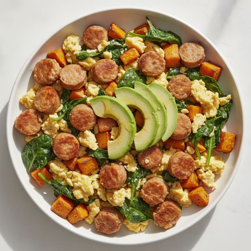 Crispy Turkey Sausage and Spinach Egg Scramble