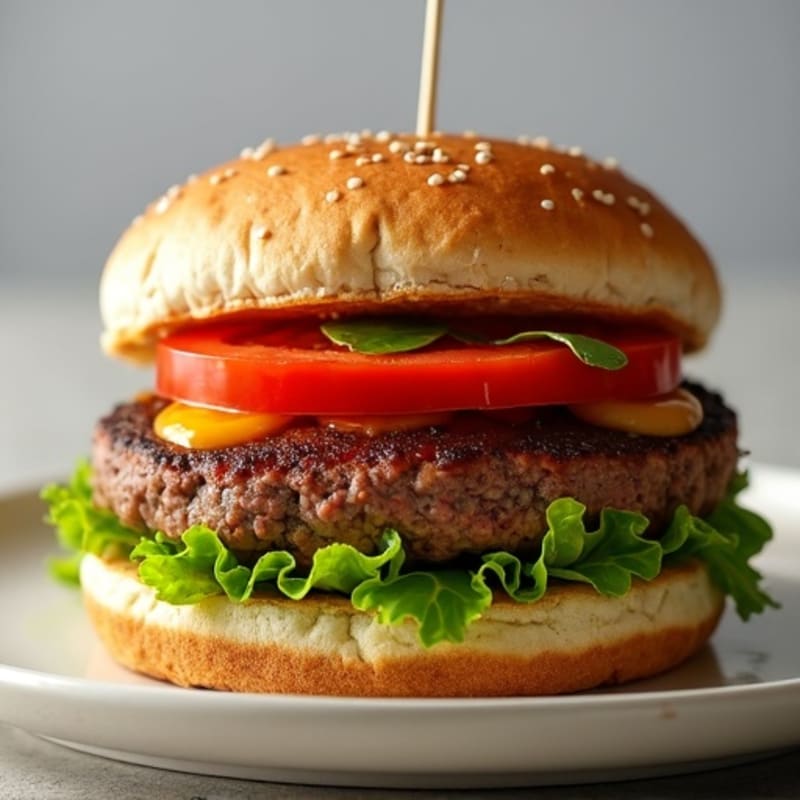 Lean Beef Burger on Whole Wheat Bun with Tomato and Lettuce