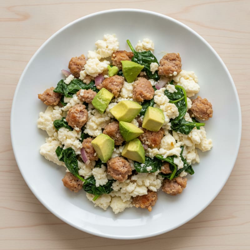 Egg White Scramble with Turkey Sausage and Sautéed Spinach