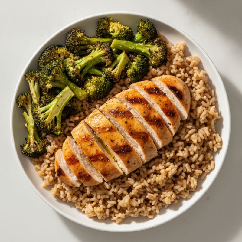 Grilled Chicken Breast with Brown Rice and Roasted Broccoli