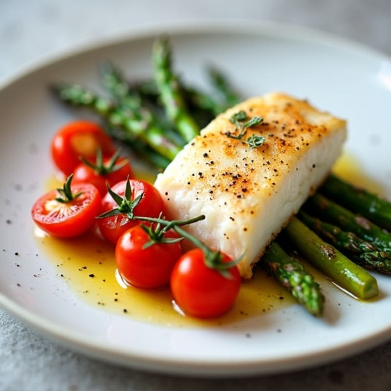 Seared Cod with Roasted Asparagus and Cherry Tomatoes