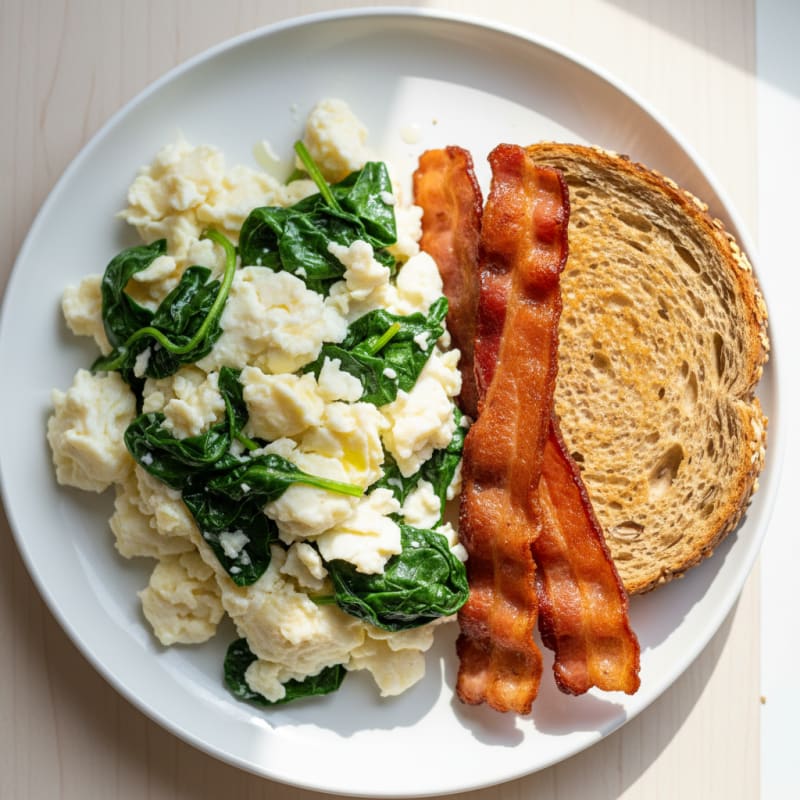 Scrambled Egg Whites with Sautéed Spinach and Turkey Bacon
