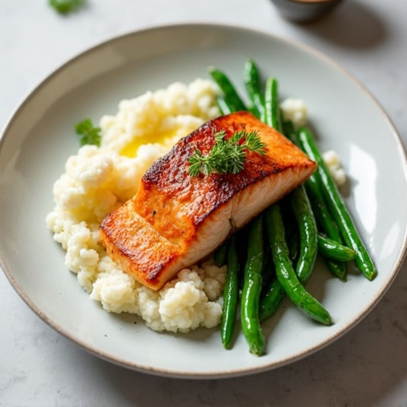 Seared Salmon with Steamed Green Beans and Cauliflower Mash
