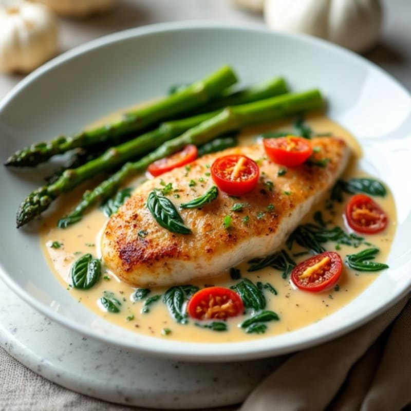 Creamy Sun-Dried Tomato and Spinach Chicken with Roasted Asparagus