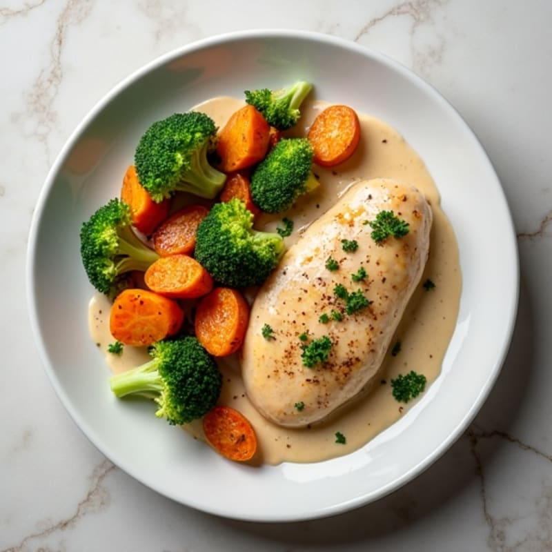 Creamy Coconut Chicken with Roasted Sweet Potatoes and Broccoli