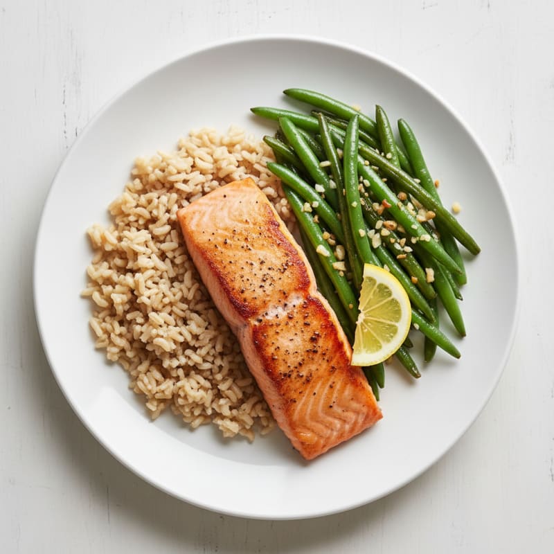 Seared Salmon with Garlic Green Beans and Brown Rice