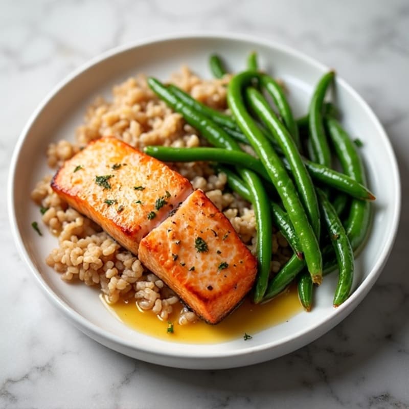 Seared Salmon with Garlic Green Beans and Steamed Brown Rice