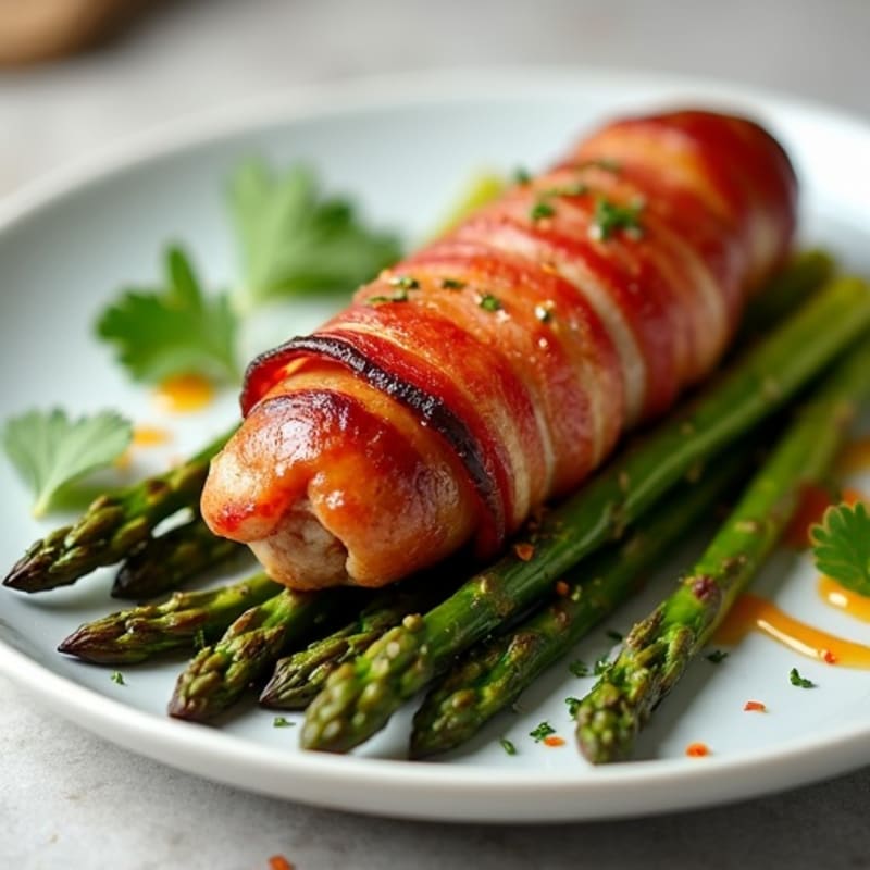 Crispy Turkey Bacon-Wrapped Chicken Sausage with Roasted Asparagus