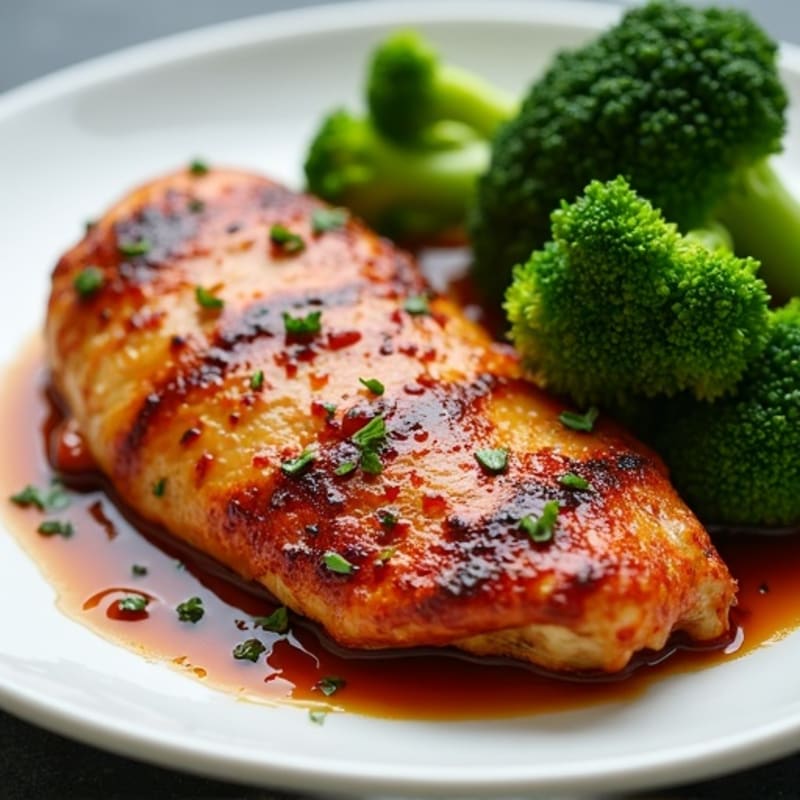 Crispy Pan-Seared Chicken with Sweet and Spicy Ginger-Garlic Sauce and Steamed Broccoli