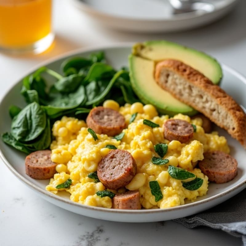Egg White Scramble with Turkey Sausage and Sautéed Spinach