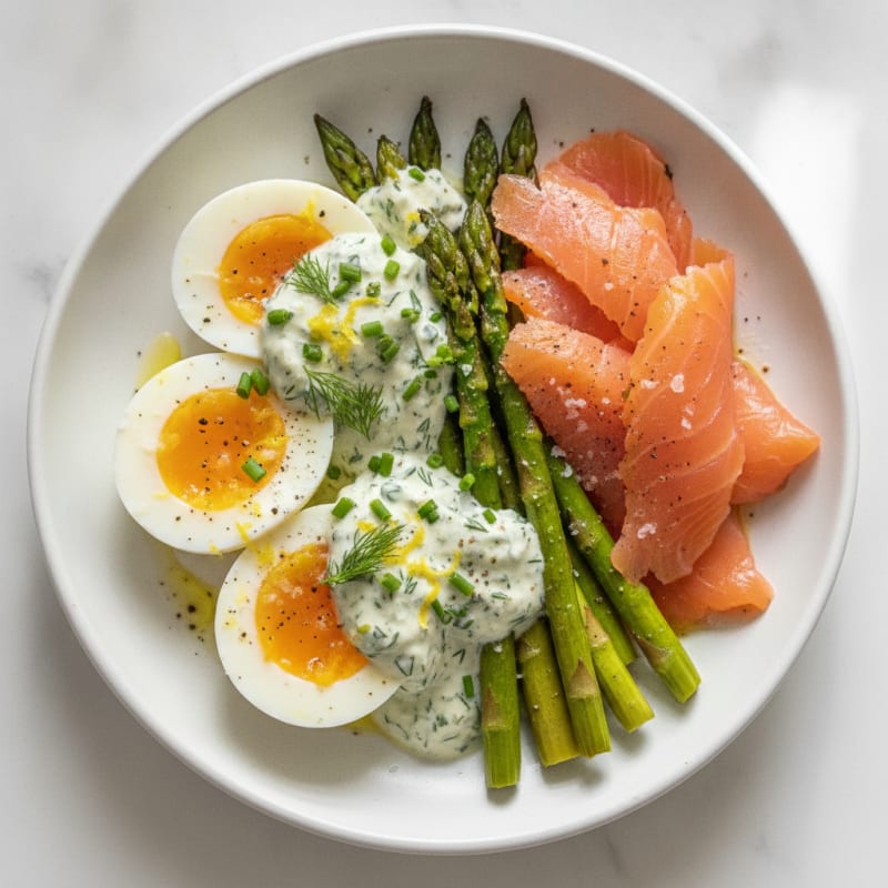 Herbed Soft-Boiled Eggs and Smoked Salmon with Roasted Asparagus
