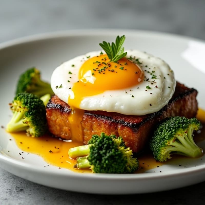 Crispy Slow-Braised Pork Belly with Roasted Broccoli and Egg Medley