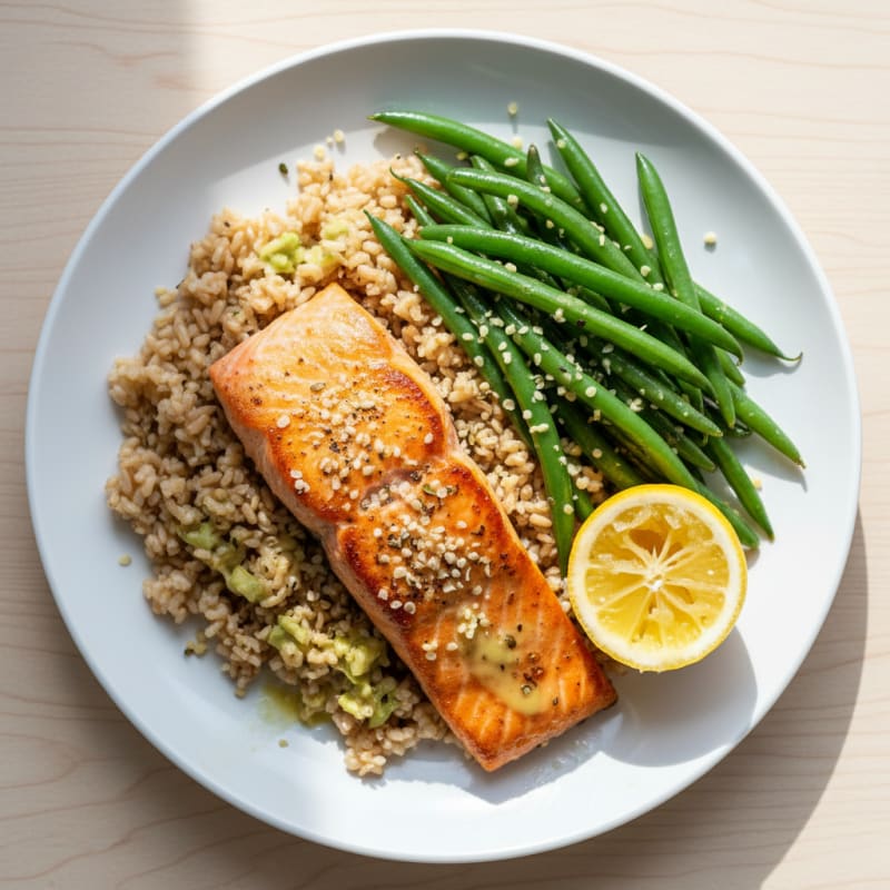 Seared Salmon Fillet with Steamed Green Beans and Brown Rice