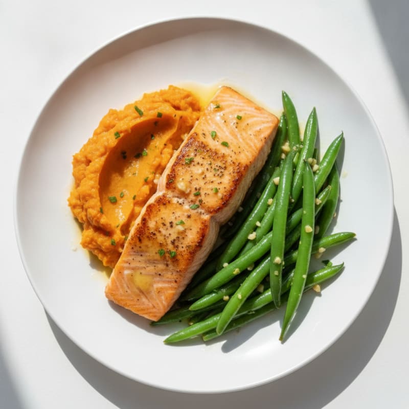 Seared Salmon with Garlic Green Beans and Sweet Potato Mash