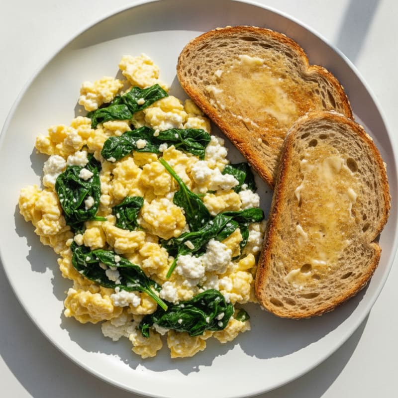 Scrambled Eggs with Cottage Cheese and Sautéed Spinach