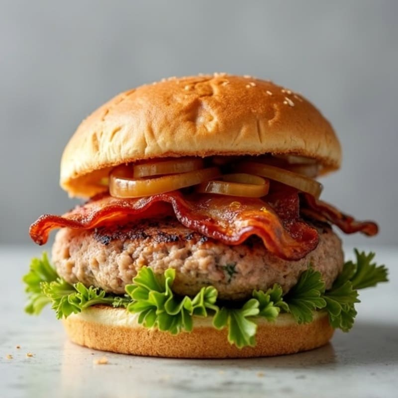 Lean Turkey Bacon Burger with Caramelized Onions