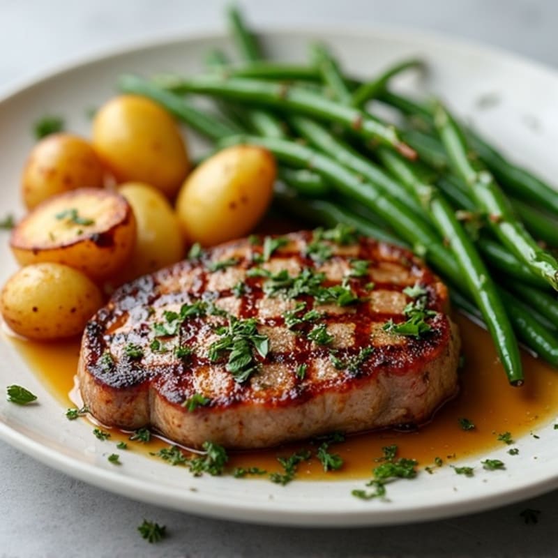 Pan-Seared Garlic Herb Steak with Crispy Roasted Potatoes and Tender Green Beans