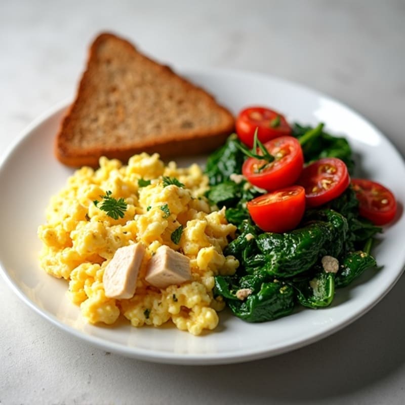 Egg White and Turkey Scramble with Sautéed Spinach