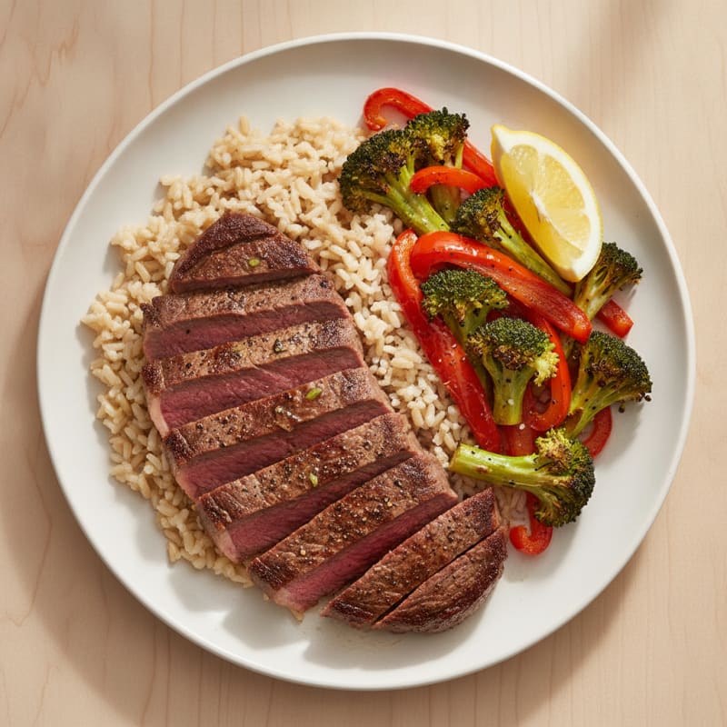 Seared Steak with Roasted Vegetables and Brown Rice