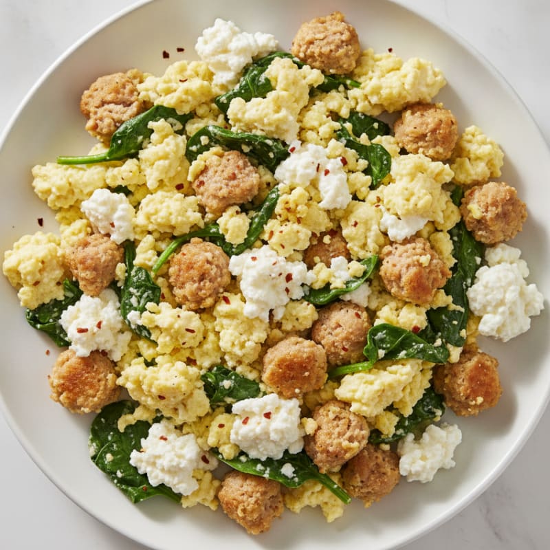 Cottage Cheese Scramble with Turkey Sausage and Spinach
