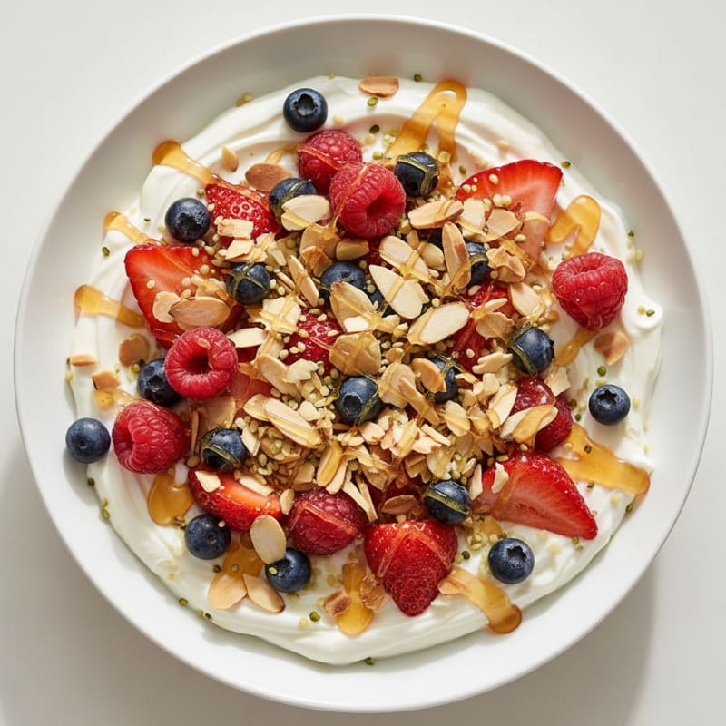 Greek Yogurt Bowl with Crunchy Almonds and Mixed Berries