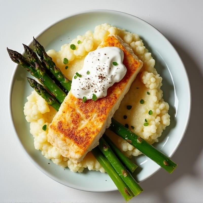 Seared Cod Fillet with Roasted Asparagus and Cauliflower Mash