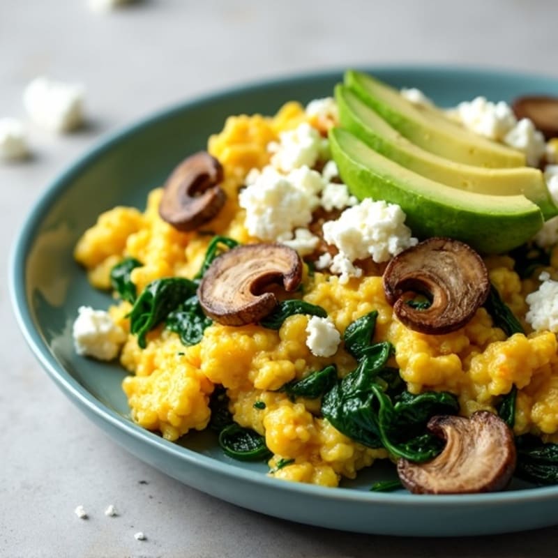 Fluffy Egg Scramble with Sautéed Greens and Avocado