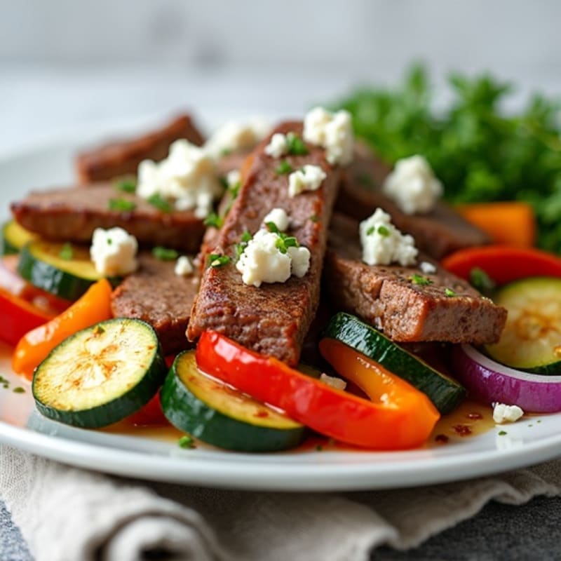 Lean Beef Stir Fry with Roasted Vegetables and Feta