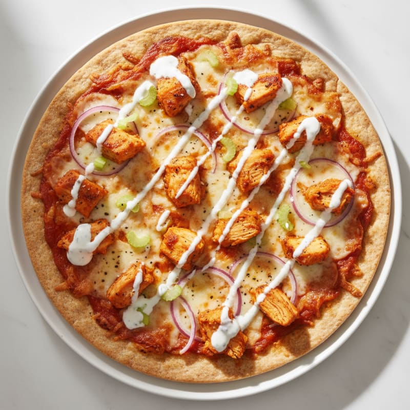 Crispy Buffalo Chicken Pizza with Ranch Drizzle