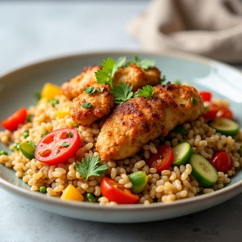 Crispy Chicken Brown Rice Stir-Fry with Fresh Vegetables
