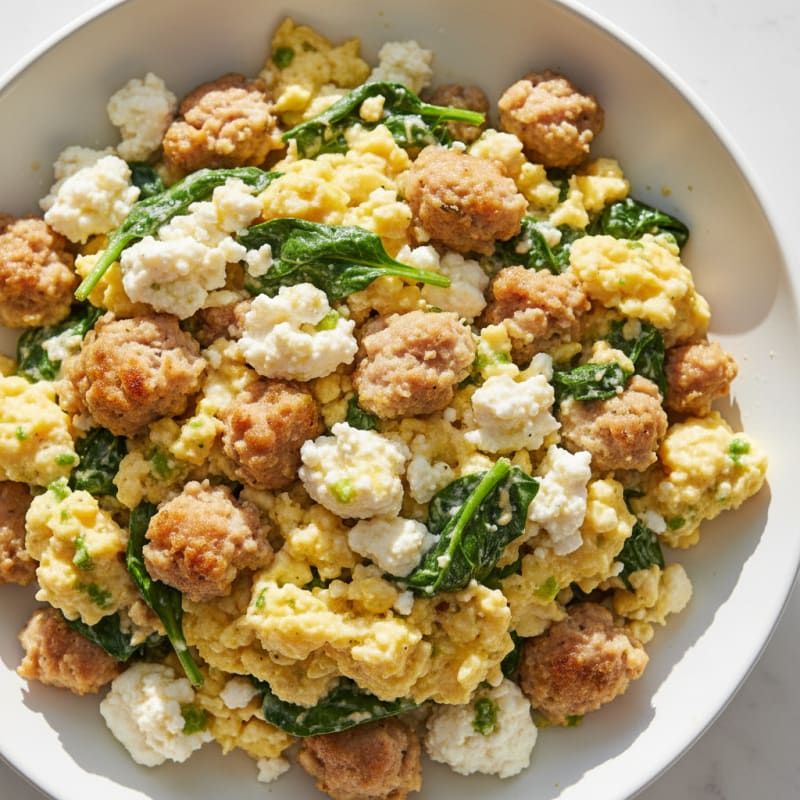 Cottage Cheese Scramble with Turkey Sausage and Sautéed Spinach