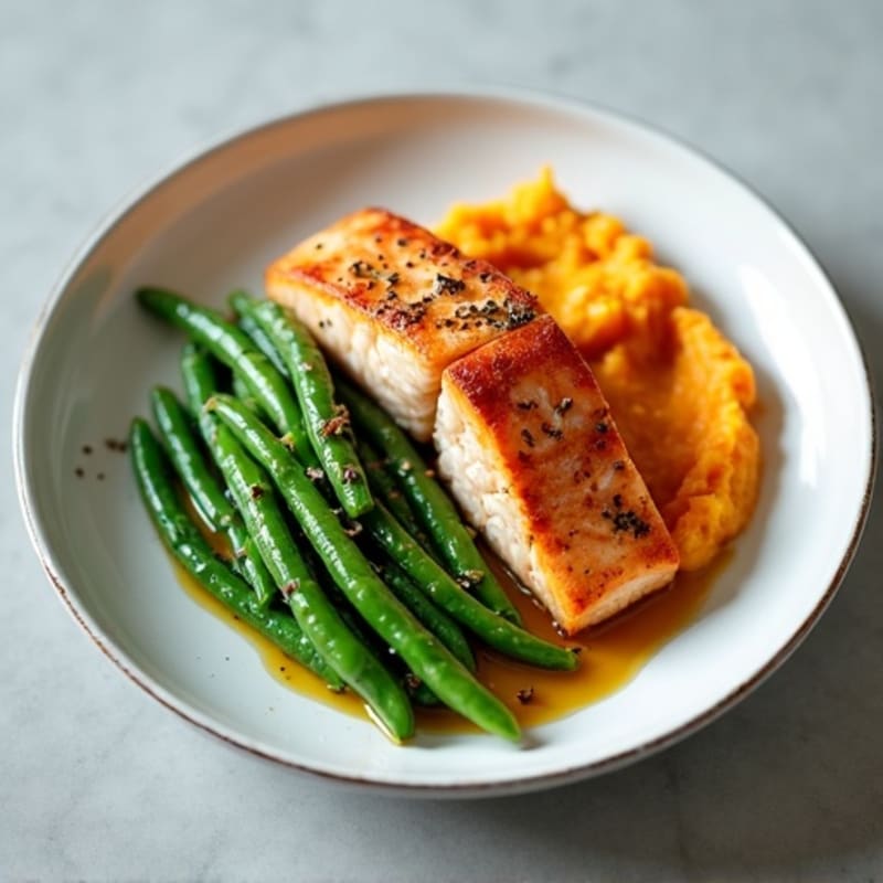 Seared Salmon with Steamed Green Beans and Sweet Potato Mash