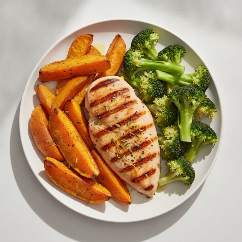 Grilled Chicken Breast with Roasted Sweet Potato and Steamed Broccoli