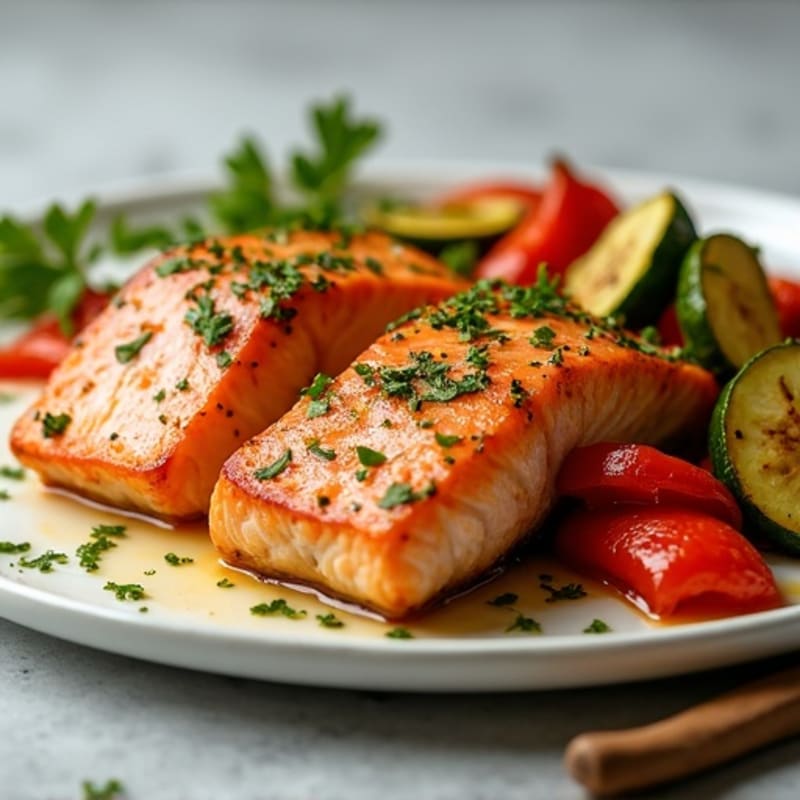 Seared Salmon with Roasted Zucchini and Red Pepper
