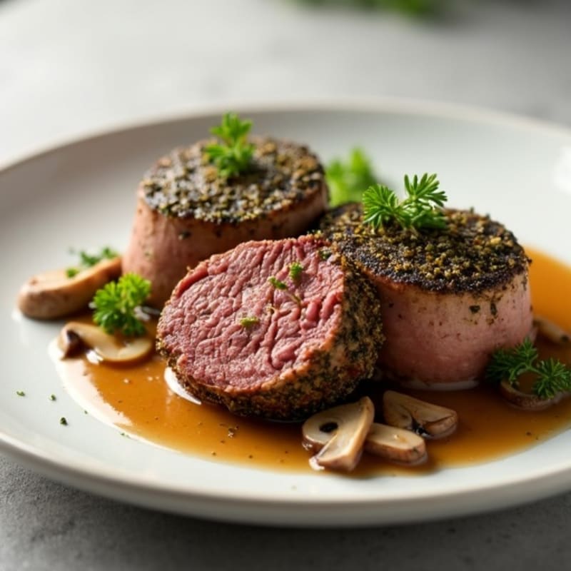 Herb-Crusted Beef Tenderloin with Mushroom Sauce