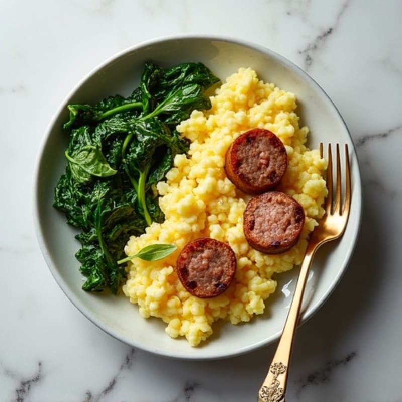 Egg White and Turkey Sausage Scramble with Sautéed Spinach
