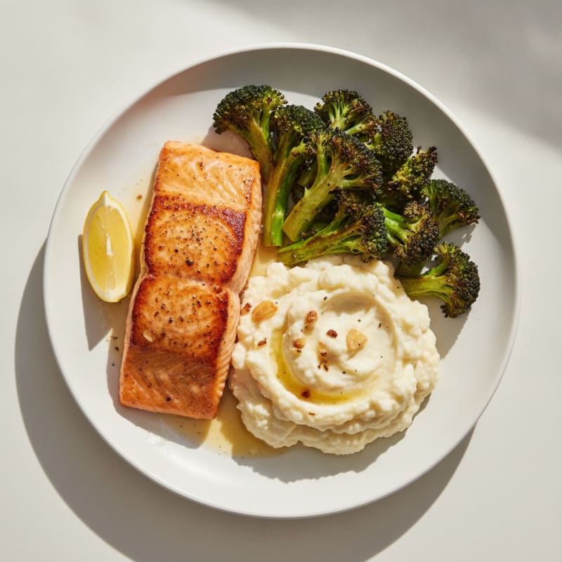Seared Salmon with Roasted Broccoli and Garlic Mashed Cauliflower