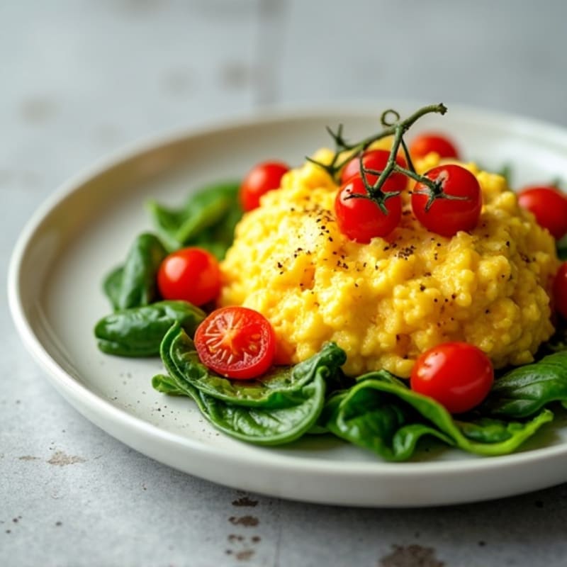Fluffy Scrambled Eggs with Fresh Spinach and Cherry Tomatoes