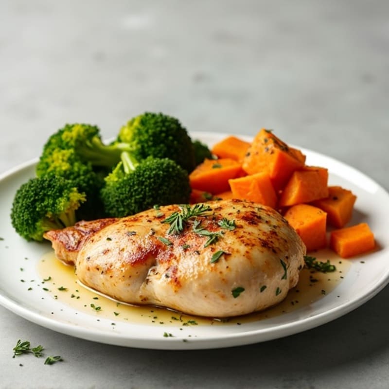 Herb-Roasted Chicken with Roasted Sweet Potatoes and Crispy Broccoli
