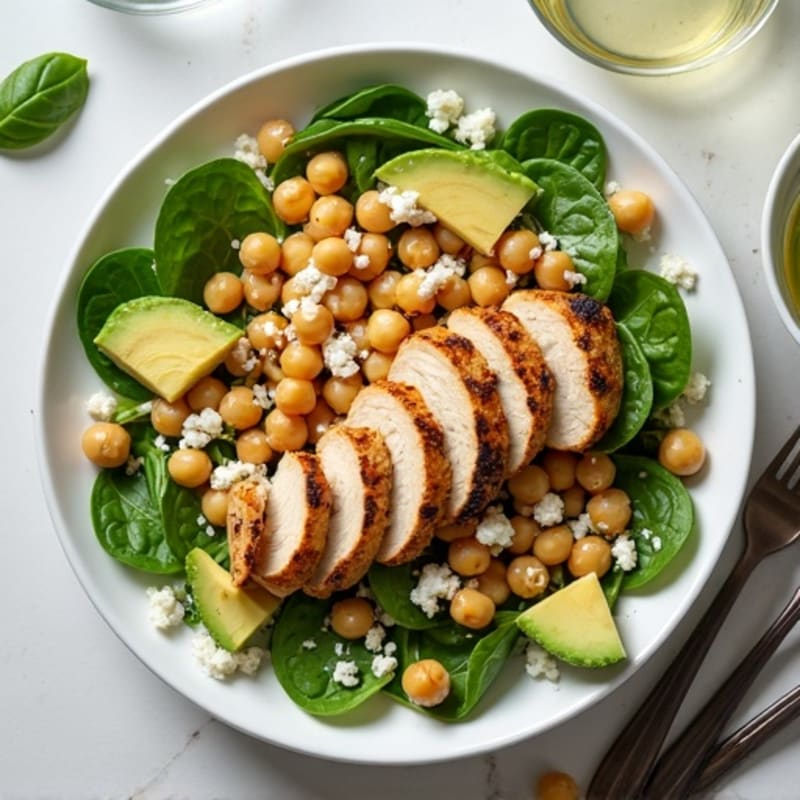 Grilled Chicken Spinach Salad with Chickpeas and Lemon Tahini Dressing