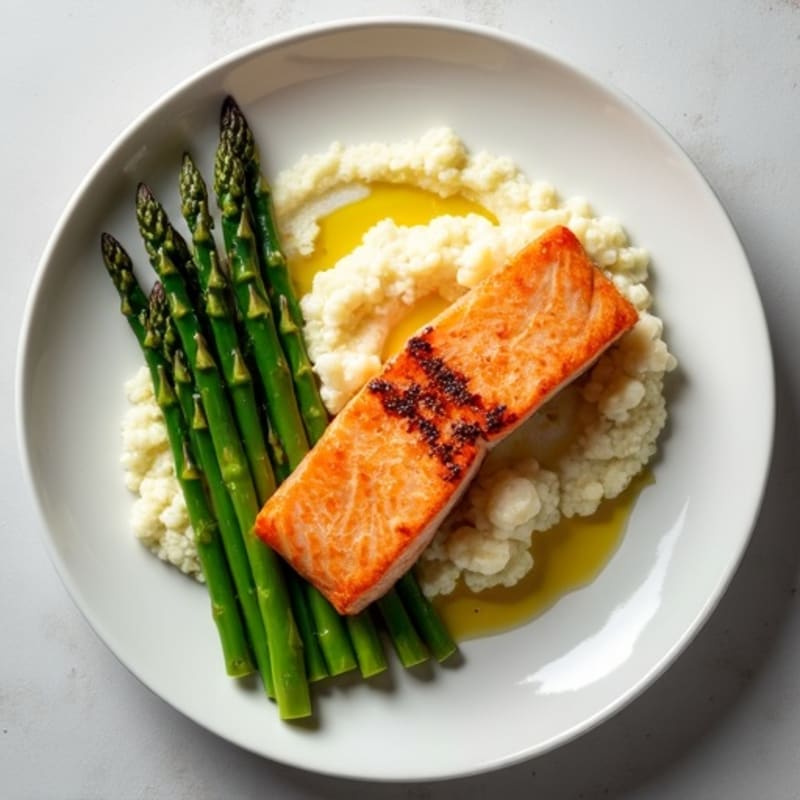 Seared Salmon Filet with Steamed Asparagus and Cauliflower Mash