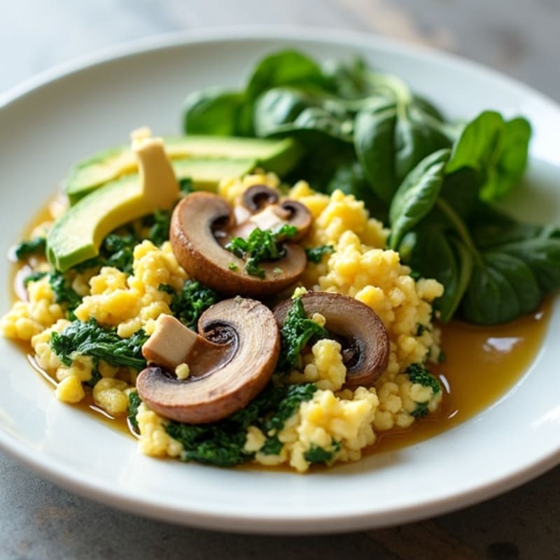 Egg White Spinach Scramble with Cottage Cheese and Sautéed Mushrooms