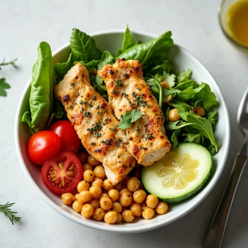 Lemon-Herb Chicken and Chickpea Power Bowl with Fresh Greens and Tangy Vinaigrette