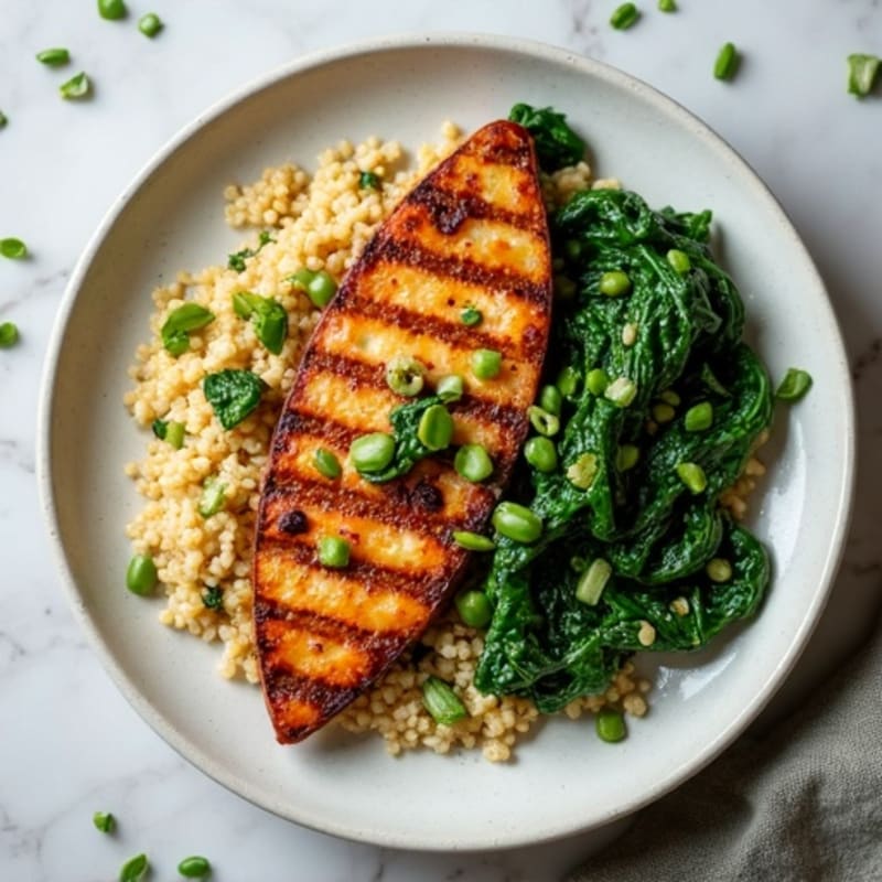 Grilled Tempeh with Creamy Quinoa and Garlic Spinach