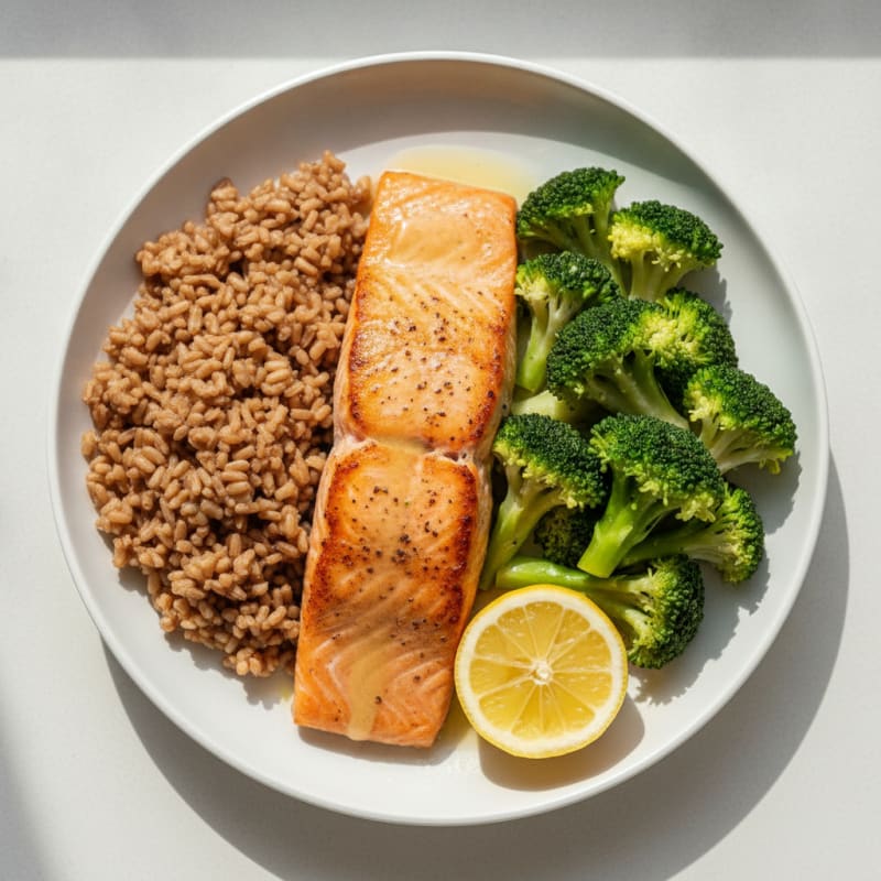 Seared Salmon with Steamed Broccoli and Brown Rice