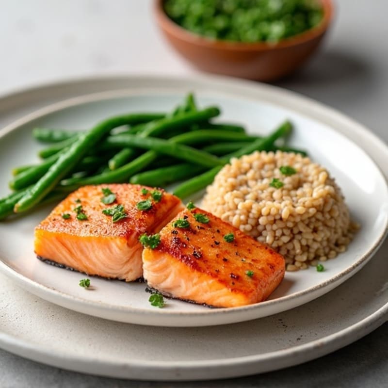 Seared Salmon Fillet with Steamed Green Beans and Brown Rice