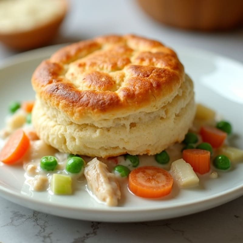 Creamy Chicken and Hearty Vegetable Pot Pie with Fluffy Biscuit Topping