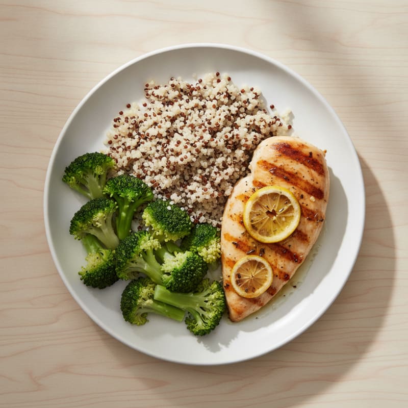 Grilled Chicken Breast with Steamed Broccoli and Quinoa