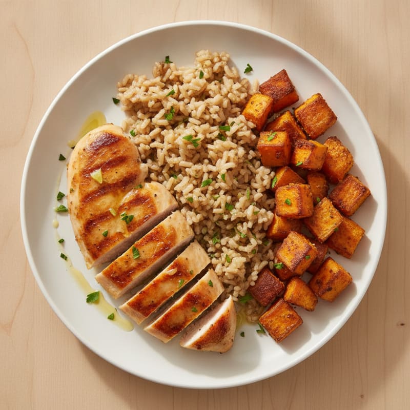 Seared Chicken Breast with Herbed Rice and Roasted Sweet Potato