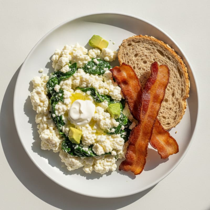 Crispy Turkey Bacon Egg White Scramble with Cottage Cheese and Sautéed Spinach
